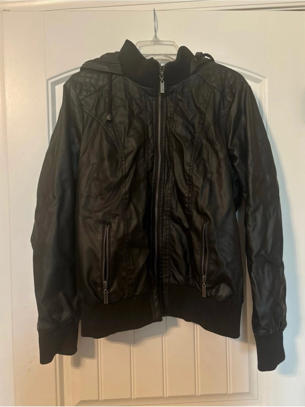 New Look Black Faux Leather Bomber Jacket with Hood